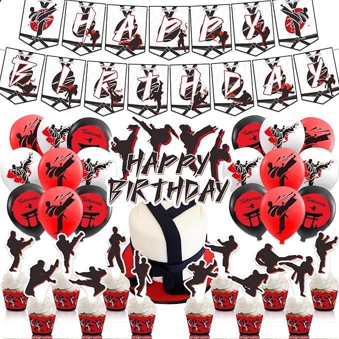 Taekwondo Birthday Party Decorations Karate Party Supplies Includes Karate Taekwondo Birthday Banner Cake Topper Cupcake Toppers Balloons for Men Women Girls Boys Party