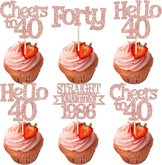 Ephlyn 24Pcs Happy 40th Birthday Cupcake Toppers Glitter Forty Cupcake Picks Hello 40 Cheers to 40 Years Birthday Cake Decorations for 40th Birthday Anniversary Party Supplies Rose Gold
