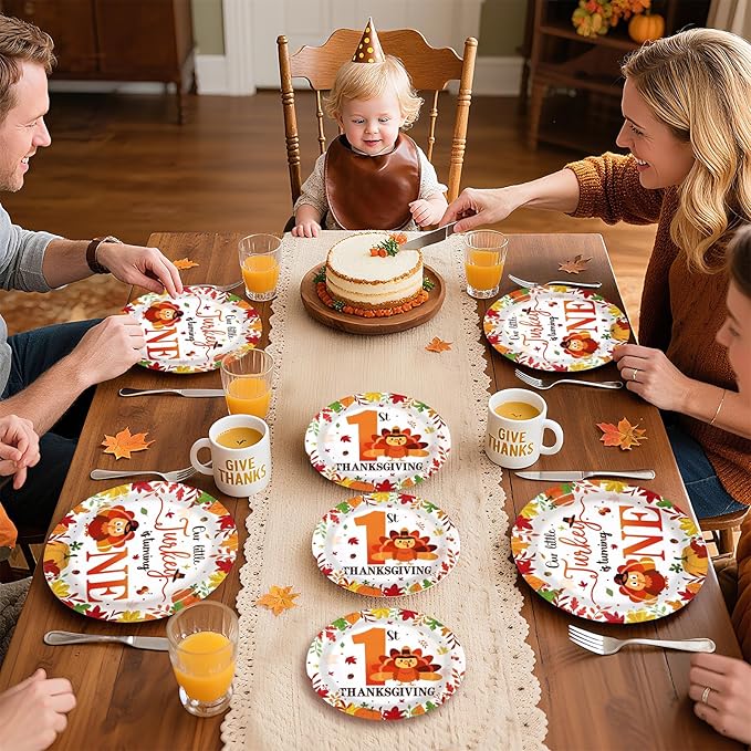 Grencian 96Pcs Thanksgiving 1st Birthday Decorations Our Little Turkey Is Turning One Plates and Napkins Fall 1st Birthday Tableware Set for Thanksgiving Turkey-Themed Baby Shower Party Supplies