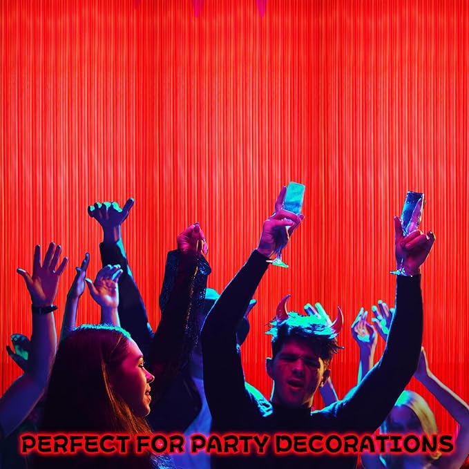 2 Pack Glow in The Dark Curtains Party Supplies 6.6 x 3.3 Ft Glow Tinsel Foil Fringe Curtains Red Photo Booth Prop Backdrop Streamer for Birthday Holiday Neon Party Decoration