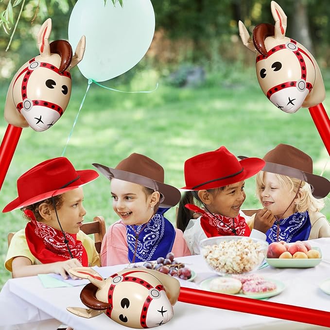 Xtinmee 36 Pcs Cowboy Party Costume Set, Cowboy Hats Paisley Bandanas Inflatable Stick Horses Kids Party Supplies