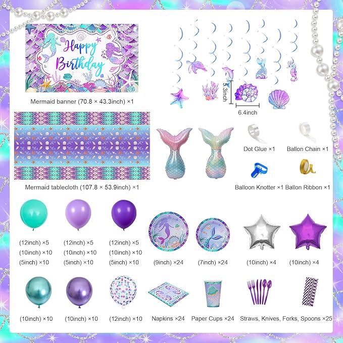 Avezano 321 PCS Mermaid Birthday Party Supplies Includes Disposable Paper Plates, Cups, Napkins, Tablecloth, Banner & Balloon Arch Kit for Girls Women Mermaid Party Decorations, Serves 24