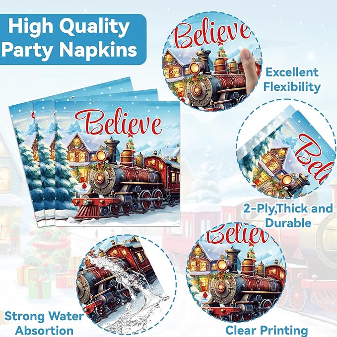 gisgfim 96 Pcs Christmas Train Plates and Napkins Party Supplies Christmas Believe Dinnerware Tableware Set Disposable Xmas Paper Plates Party Decorations Favors for Winter Holiday Serves 24