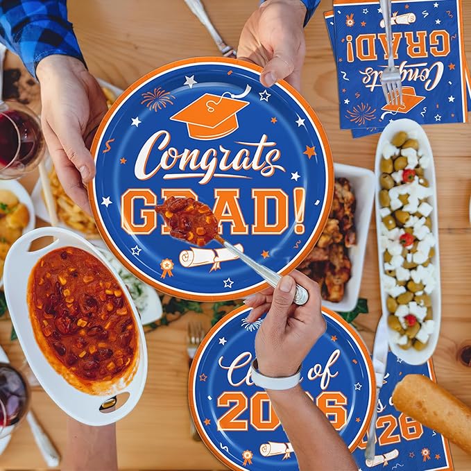 Graduation Blue Orange Party Supplies Kit Dinner Plates Dessert Plates and Napkins for Congrats Grad Party Decorations, Serves 50