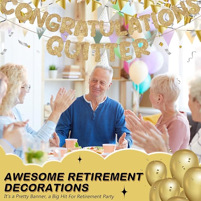Fulmoon Pre Strung Congratulations Quitter Glitter Banner Funny Retirement Banner Graduation Party Decorations Going Away Supplies Garland for Men Women Gifts, No DIY(Champagne Gold)