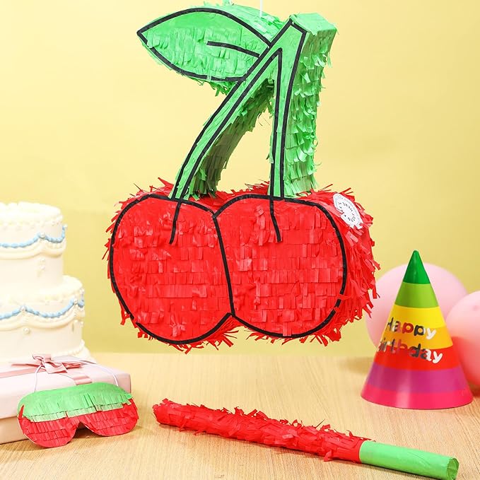 Set of 3 Cherry Piñata Party Decorations She's Ready to Pop Baby Shower Game Supplies Red Piñata Coquette Party Game Set with Stick Eye Mask