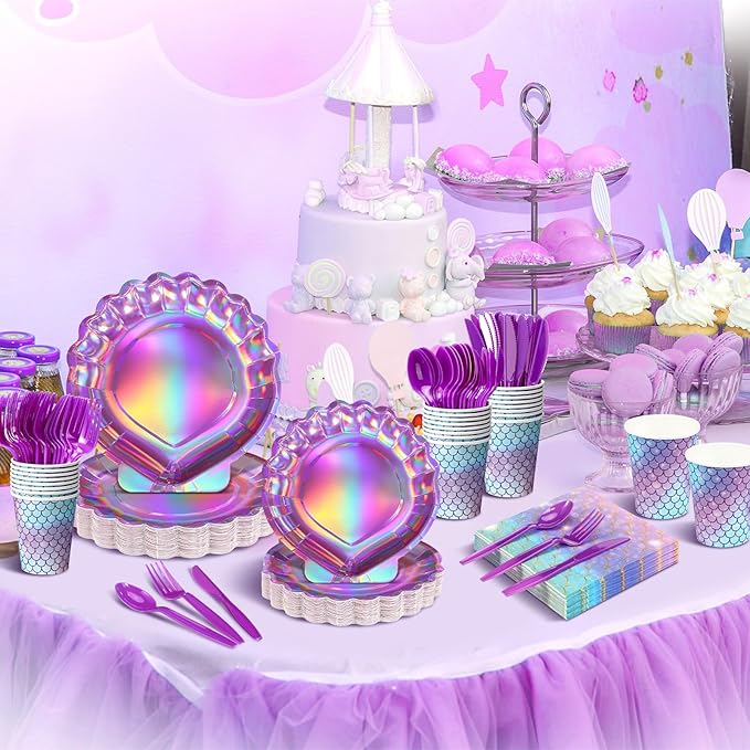 Cunhill 144 Pcs Iridescent Pink Mermaid Party Birthday Supplies Paper Tableware Hot Pink Purple Holographic Mermaid Plates Napkins Cups Spoons Fork Knives Under The Sea Dinnerware Set