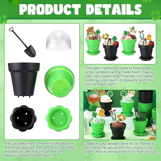 24 Sets St. Patrick's Day Cupcake Pots Kit 24 Plastic Dessert Cups with 78 Shamrock Lucky Cupcake Toppers Irish Party Decoration for Dessert Cake Ice Cream Party Activities Supplies