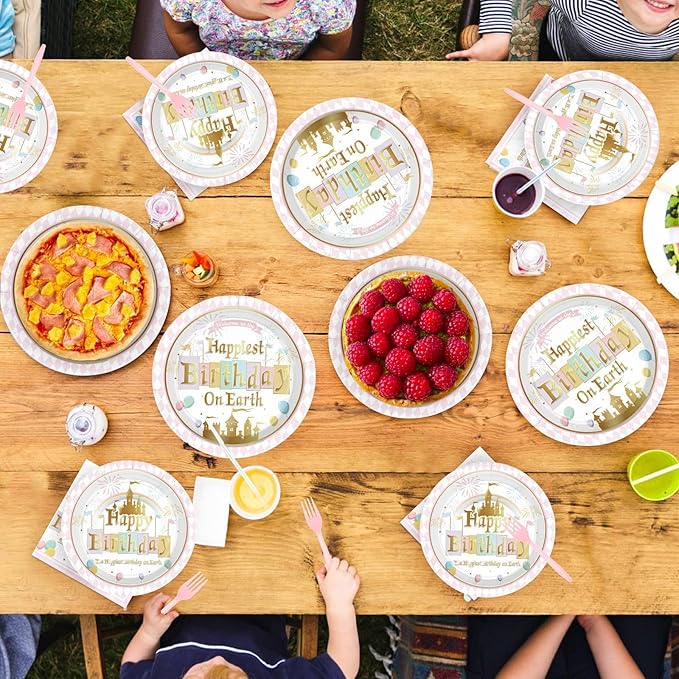 Grencian 96 Pcs Princess Castle Birthday Party Decorations Happy Birthday on Earth Paper Plates Pastel Rainbow Stripes Plates and Napkins Gold Glitter Tableware Set for Girl Baby Shower Supplies