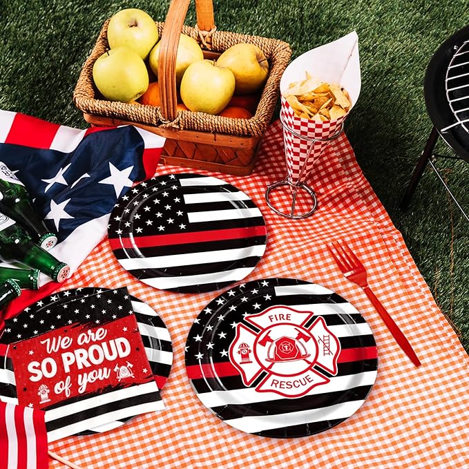 96 Pcs Firefighter Party Supplies Official Thin Red Line Flag Pattern Plates and Napkins Fire Truck Red and Black Graduation Plates for EMT Firefighter Retirement Graduation Birthday Party Decorations