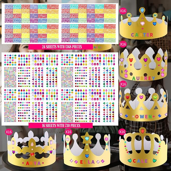 152 Pcs Paper Crowns for Kids Boys Girls Adults Princess Prince King, Classroom Crown, Birthday Party Hats with Gold Gem Jewels Number Letter Stickers, DIY Decor Favor Supplies
