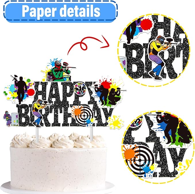 Paintball Birthday Cake Topper Glitter Black Paintball Birthday Party Decorations Paintball Themed Splatter Splash Cake Picks Decor for Paint Ball Shooting Game Sport Party Supplies