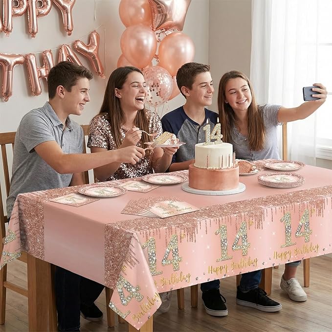 41Pcs 14th Birthday Decorations for Girls,Sweet Rose Gold 14th Birthday Plates and Napkins,Tablecloth Happy 14 Years Birthday Party Tableware Set for 14 Year Old Girls Teenager Party Favor Supplies