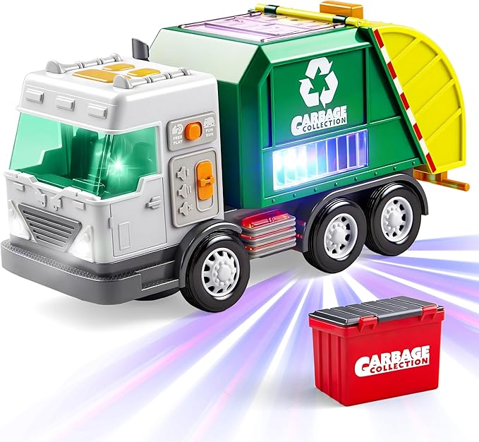 LED Garbage Truck Toy Set Includes Dumpster, Toy Truck with Mode Switch & Volume Control, Trash Vehicle with Lights and Sounds, Automatic Bump, Easter Basket Stuffers Birthday Gift for Boys Girls
