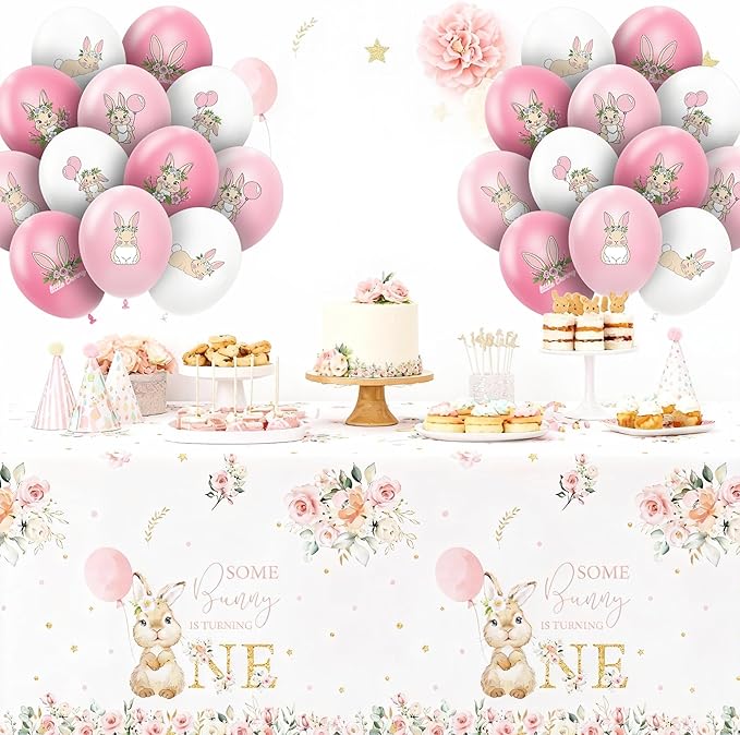 48 Pcs Bunny Birthday Decorations Balloons Set, Pink Rabbit Bunny Theme Print Latex Balloons Party Supplies for Birthday Baby Shower, Easter