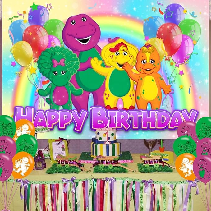 𝓑𝓪𝓻𝓷𝓮𝔂 Birthday Party Decoration, Photo Background 5 x 3 FT, 18 Pcs Balloons, 𝓑𝓪𝓻𝓷𝓮𝔂 Merch Party Backdrop Supplies