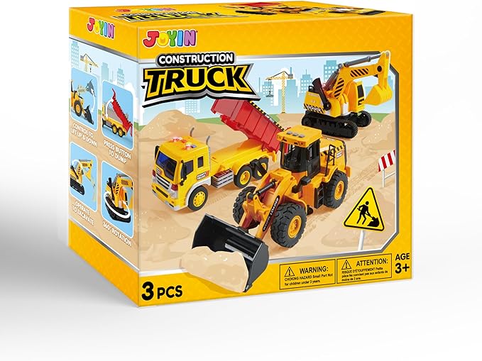 JOYIN 3 Pack Construction Toy - Excavator, Dump Truck and Loader, Moveable Claw & Lifting Back, Construction Truck Toy, Birthday Gift for Toddler Boys Kids