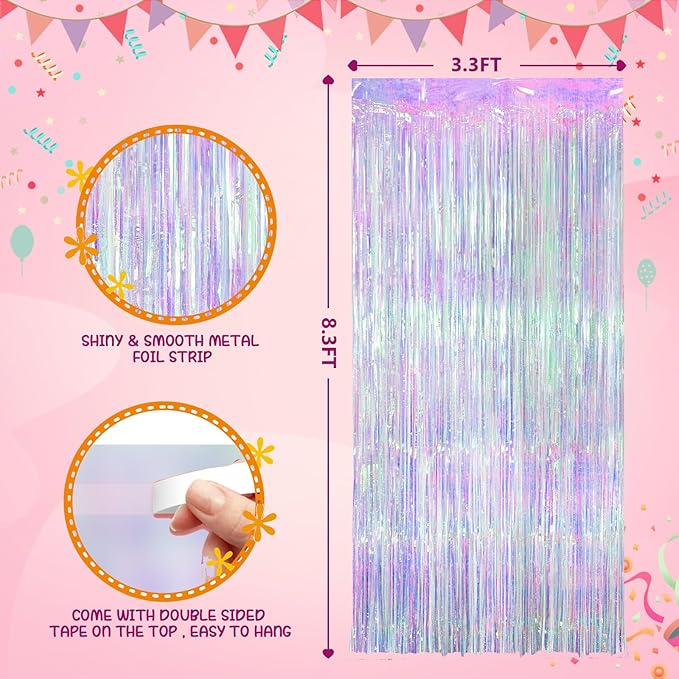 2 Pack Iridescent Party Backdrop Decorations,3.3x8.3ft Tinsel Curtain Birthday Decorations Foil Fringe Photo Booth Streamer Backdrop Iridescent Theme Xmas Bachelorette Graduation Party Decorations