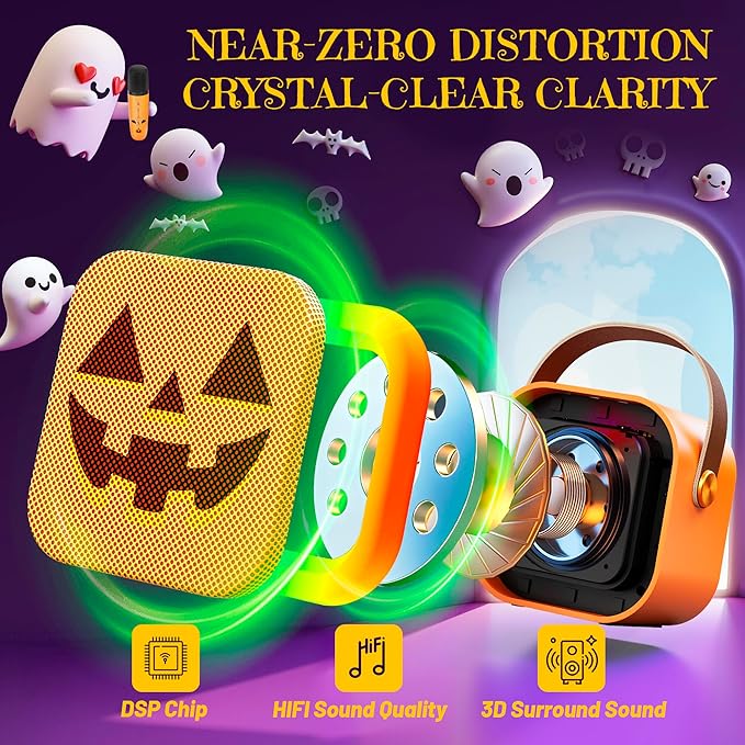 Mini Karaoke Machine for Kids, Halloween Party Supplies & 2025 TOP Toy Gifts Ideas for Girls Boys Ages 4-12, Portable MP3 Player with 2 Wireless Mics for Birthday Christmas Singing Games（Pumpkin）