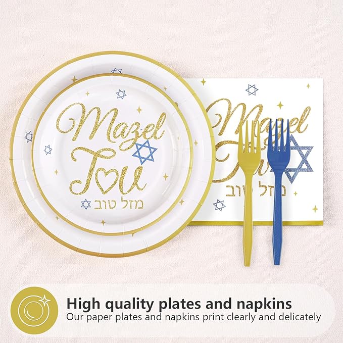 96Pcs Mazel Tov Party Decorations Congratulations Plates and Napkins Gold Blue Disposable Paper Tableware Set for Bar Mitzvah Bridal Shower Engagement Jewish Party Supplies Serves 24
