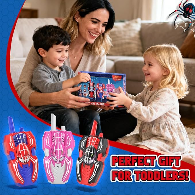3 Pack Walkie Talkies for Kids, Spider Toys 2 Pack Outdoor 2 Way Radio Toy Gifts Camping Brithday Gift Walkie Talkies for 3 4 5 6 7 8 9 10 Year Old Boys