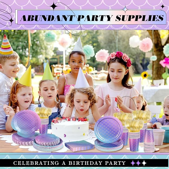 120 Pcs Mermaid Party Supplies Mermaids Themed Decorations Under the Sea Disposable Dinnerware Set Includes Plates Napkins Cups Fork for Birthday Party, Serves 24 Guests