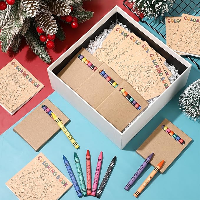 30 Sets 24 Pages Christmas Mini Coloring Books with 8 Colors Crayons Bulk, Christmas Goodie Bag Stocking Stuffers for Party Favors Activities DIY Craft Gift