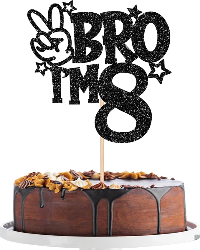 1 PCS Brother I'm 8 Cake Topper Glitter Star Happy 8th Birthday Cake Pick Bro I'm 8 Cake Decoration It's My 8th Birthday Decorations for Boys Cheers to 8 Years Old Birthday Party Supplies Black