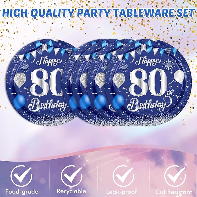 Blue 80th Birthday Decorations for Men Navy Blue Silver Happy 80th Birthday Tableware Set Include Happy 80th Birthday Plates Napkins Tablecloth for 60th Birthday Anniversary Party Decorations Supplies