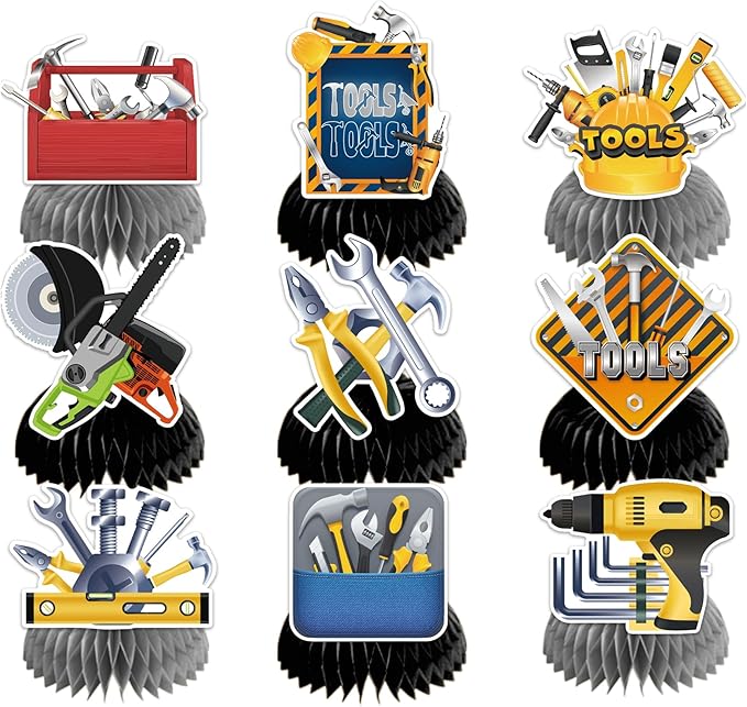 9 PCS Tools Honeycomb Centerpieces Tools Table Decorations Table Topper for Tools Party Decorations Birthday Party Supplies