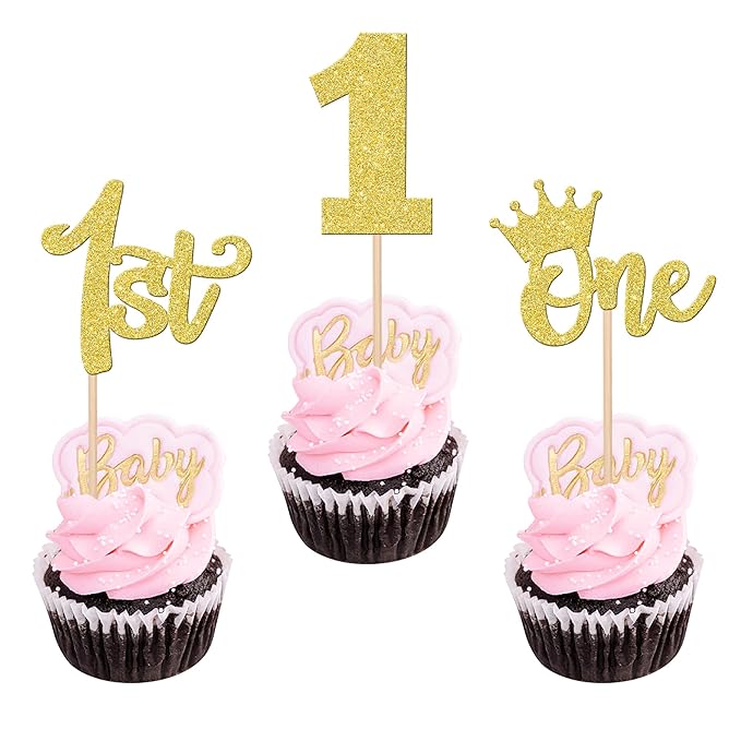 24 PCS 1st Birthday Cupcake Toppers - Glitter Crown Cupcake Picks for Baby Shower Kids 1st Birthday Boho Theme Party Cake Decorations - Gold