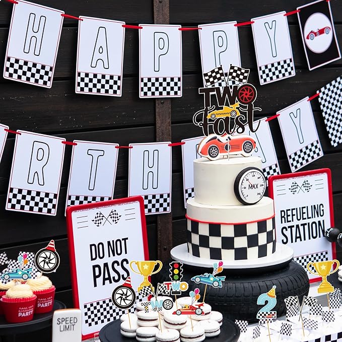Two Fast Cake Decorations - 25 Pcs Race Car Theme Curious Baby 2nd Birthday Cupcake Topper Let's Go Racing Table Decor Trophy Checkered Flag Traffic Light 2 Years Old Party Supplies for Boys
