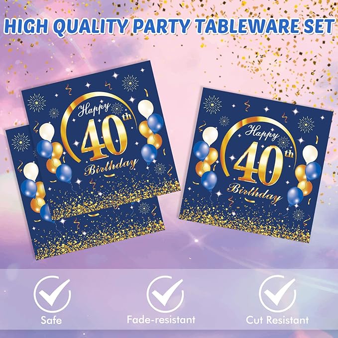 40PCS Happy 40th Birthday Decorations Navy Blue and Gold Theme Party for 40 Years Old Party Decorations Include Plates Napkins For Men Boys Girls Women
