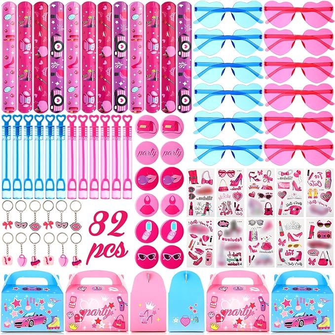 82 Pcs Hot Pink Princess Party Favors Kit Pink Princess Party Supplies Includes Girl Keychains Stickers Bracelets Bubble Waters Sunglasses Button Badge Gift Box