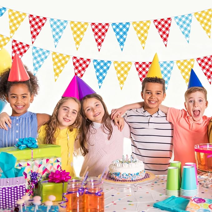 Pasimy 5 Pcs County Fair Party Decorations County Fair Hanging Pennant Banner Red Yellow Blue Checkered Triangle Flag Pennant Farm Theme Bunting Banner Garland for Birthday Party Supplies