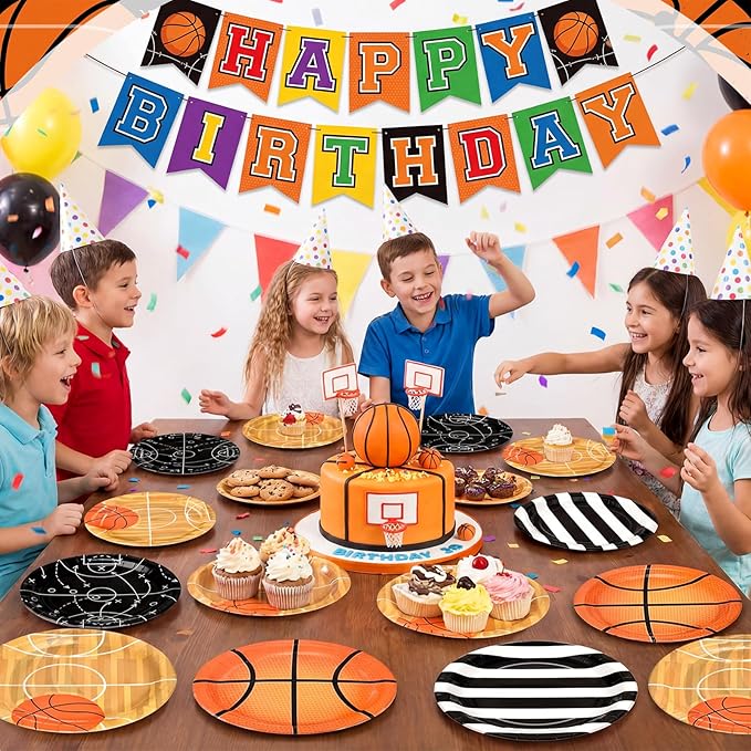 Qinyoung 100 Pcs Basketball Paper Plates 9" Disposable Birthday Party Plates Dinner Dessert Tableware Supplies for Basketball Sports Themed Birthday Game Day Party Decorations, Serves 50(Mixed Colors)