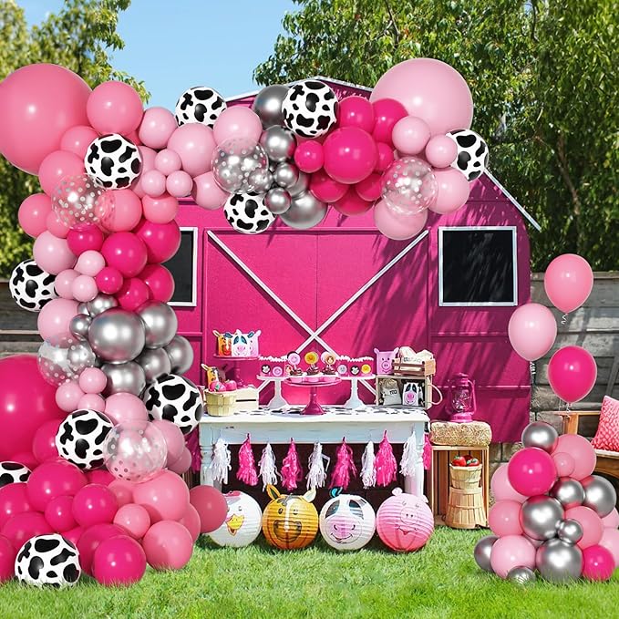 170Pcs Cowgirl Balloons Arch Garland Kit, Hot Pink Silver Cow Print Balloons for Last Rodeo Bachelorette Western Let's Go Girl Cowgirl Baby Shower Birthday Disco Party Decorations Supplies