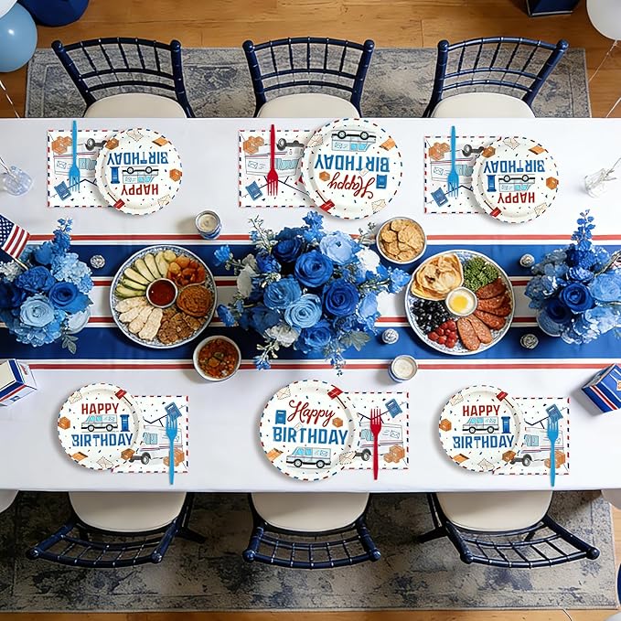 96 Pcs Mailman Party Supplies Red Blue Mail Happy Birthday Plates and Napkins Disposable Mail Truck Mailbox Tableware Set for Postal Worker Birthday Party Decorations Serves 24