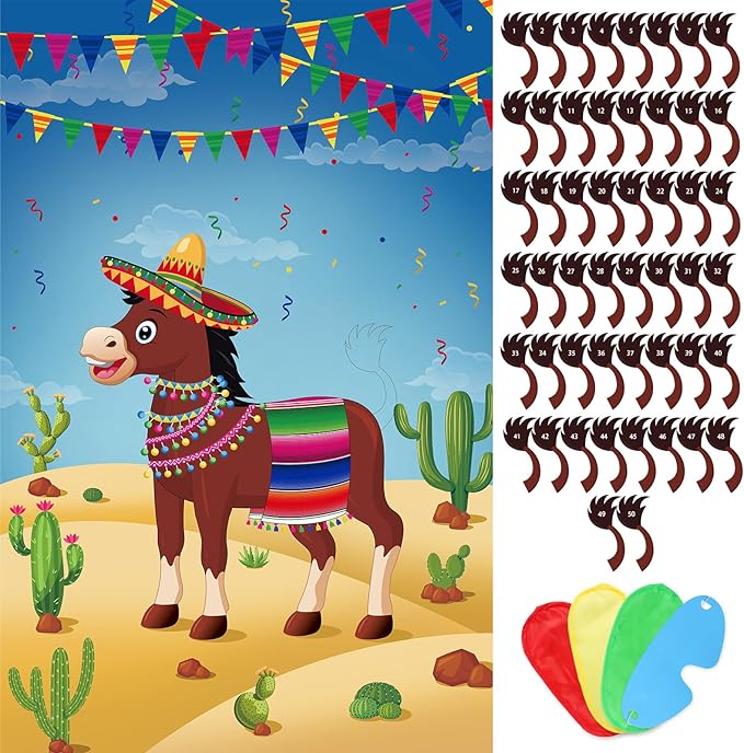 Hxezoc Pin The Tail On The Donkey Party Game With 50 Pcs Tails Large Mexican Donkey Games Poster for Kids Birthday Party Carnival Fiesta Party Supplies