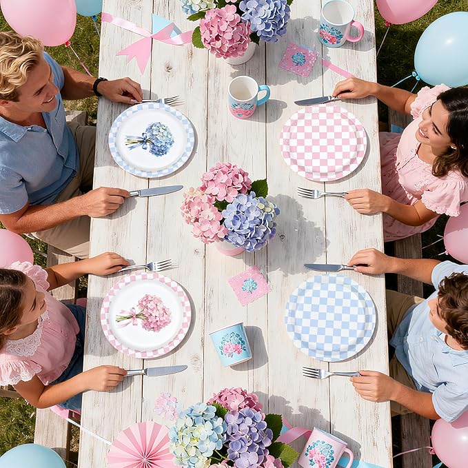 60Pcs Hydrangea Plaid Paper Plates 9" Heavy Duty Disposable Blue Pink Floral Dessert Plates Flower Checkered Party Decorations for Spring Baby Shower Wedding Bridal Shower Birthday Party Supplies