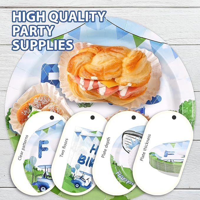 96 Pcs Golf 4th Birthday Party Supplies Golf Ball Sports Theme Party Plates and Napkins Disposable Blue Green Tableware Set for Kids Boys Four Birthday Decorations Serves 24