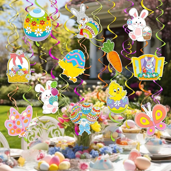 Hanging Easter Decorations Swirls 30pcs, Easter Egg Bunny Ceiling Hanging Party Streamers, Foil Easter Party Decor Supplies for Home Office School, Dangling Spinners Easter Party Ceiling Decor