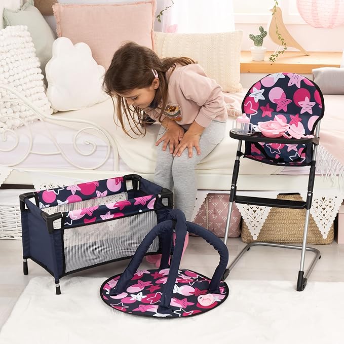 Bayer 9-in-1 Doll Accessory Set with Travel Bed & Highchair - Perfect Toy for Dolls - Includes Plate, Utensils, Play Mat and More