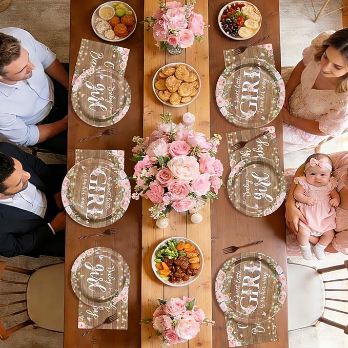 96 Pcs Rustic Girl Baby Shower Decorations Pink Floral Rustic Wood Paper Plates and Napkins A Sweet Little Girl Is on Her Way Tableware Set for Baby Shower Birthday Party Supplies