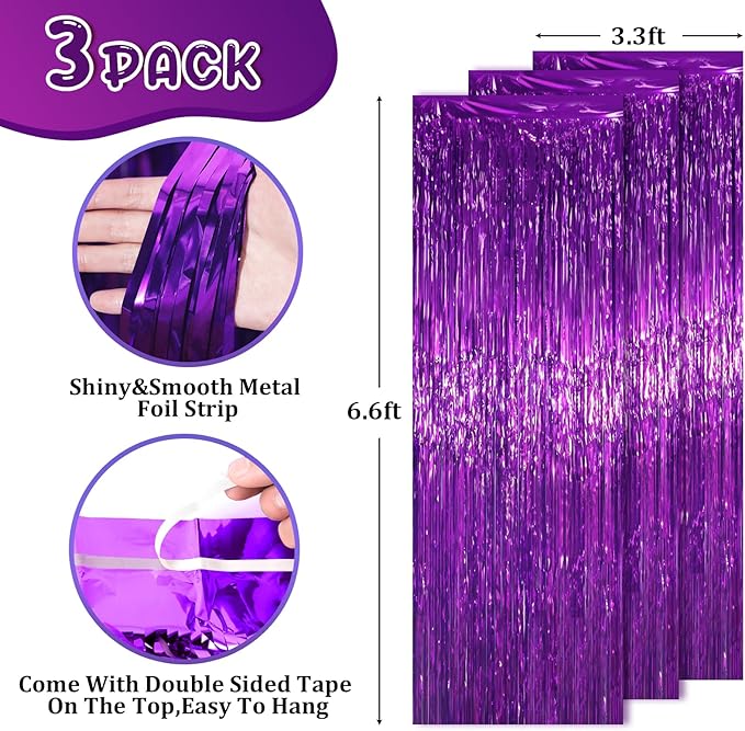 3.3 x 6.6 ft Foil Fringe Backdrop Curtains, Tinsel Streamers Party Decorations, Fringe Backdrop for Birthday, Baby Shower, Gender Reveal, Graduation (3, Purple)