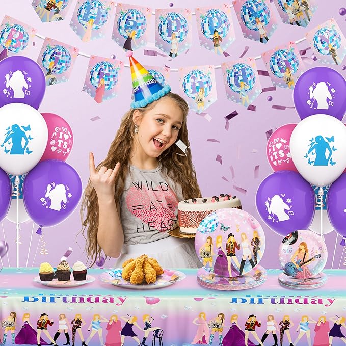100pcs Birthday Party Decorations Plates,Music star Party Supplies Include 20x 9‘’ Plates, 20x 7‘’ Plates, 40x Napkins,18x balloon,1x Tablecloth, 1x backdrop, 1x Banner Serves 20 Guests