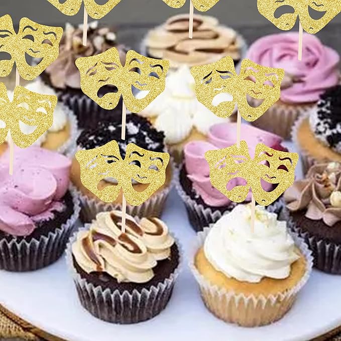 24 PCS Theatrical Mask Cupcake Toppers Gold Glitter Comedy Movie Night Cupcake Picks Film Festival Theme Birthday Party Cake Decorations Supplies