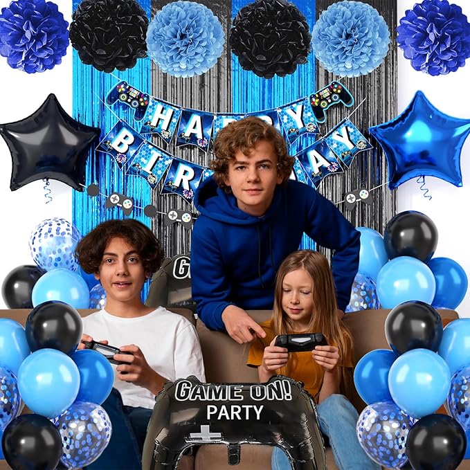 Video Game Birthday Decorations,Gaming Party Supplies,Include Blue Black Party Foil Balloons Happy Birthday Banner Fringe Curtain Tissue Paper Pompoms Garland
