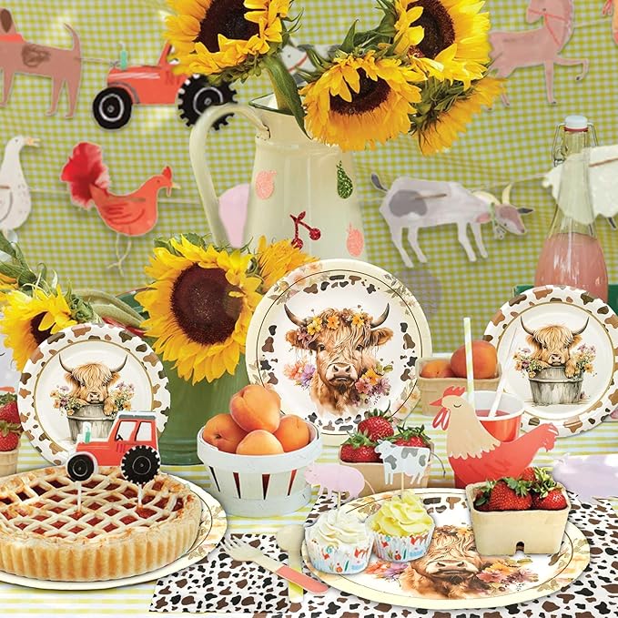 180PCS Highland Cow Party Supplies Serve 60, Brown Cow Paper Plates and Napkins Kit for Highland Cattle Farm Animals Birthday Party Decorations, Includes Dinner Plates, Dessert Plates, Napkins