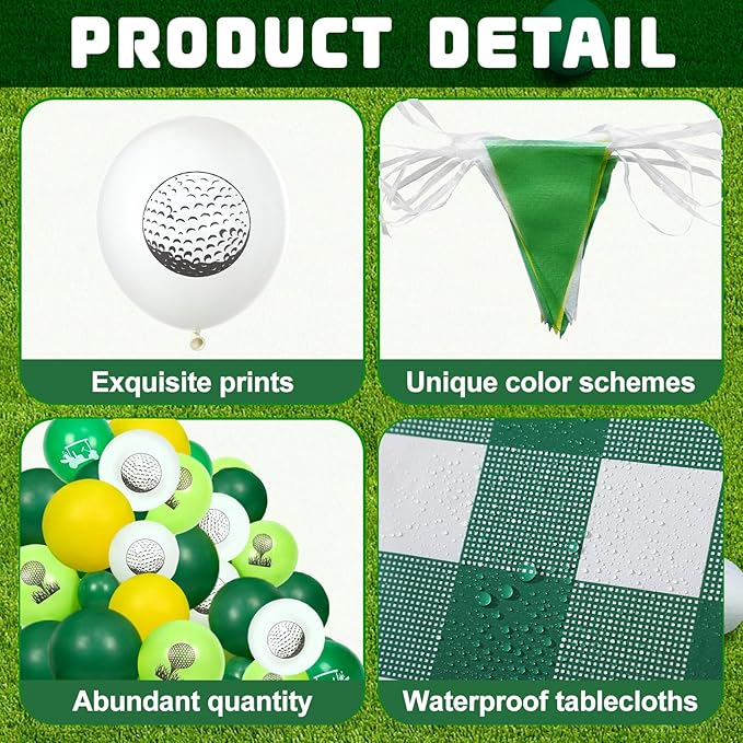 Leyndo 119 Pcs Golf Theme Party Decorations Include Yellow White Green Balloons Checkered Tablecloths Disposable Napkins Pennant Banner with Tool for Golf Summer Birthday Wedding Party Supplies